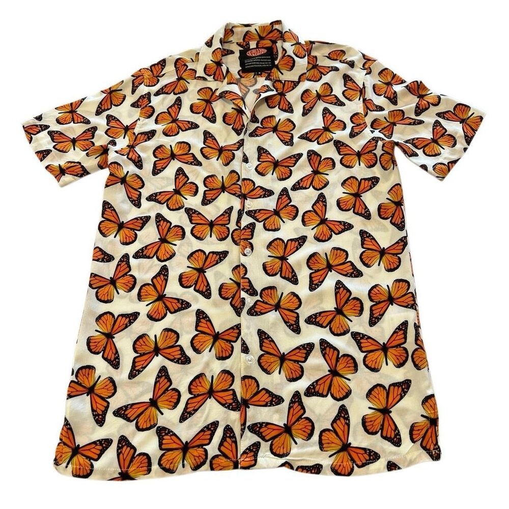 Petals And Peacocks Men's Butterfly Print Button-down Shirt Cream Orange Small